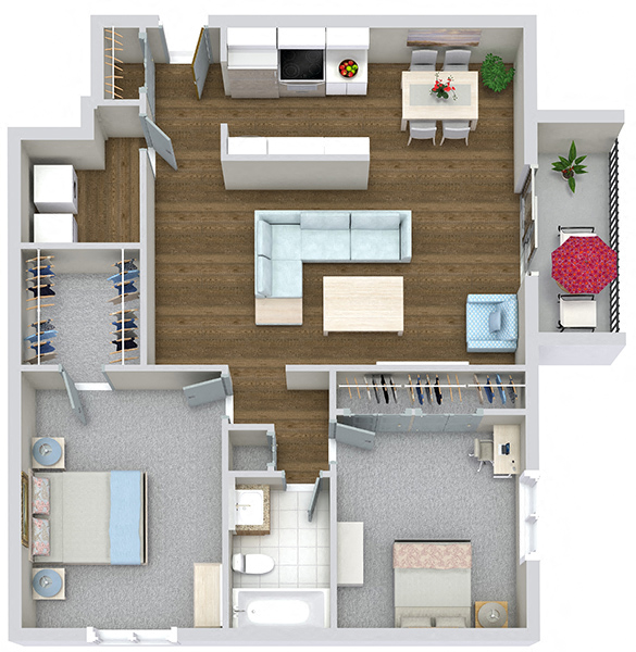 Floor plan for 2 beds, 1 bath, 1000 sqft